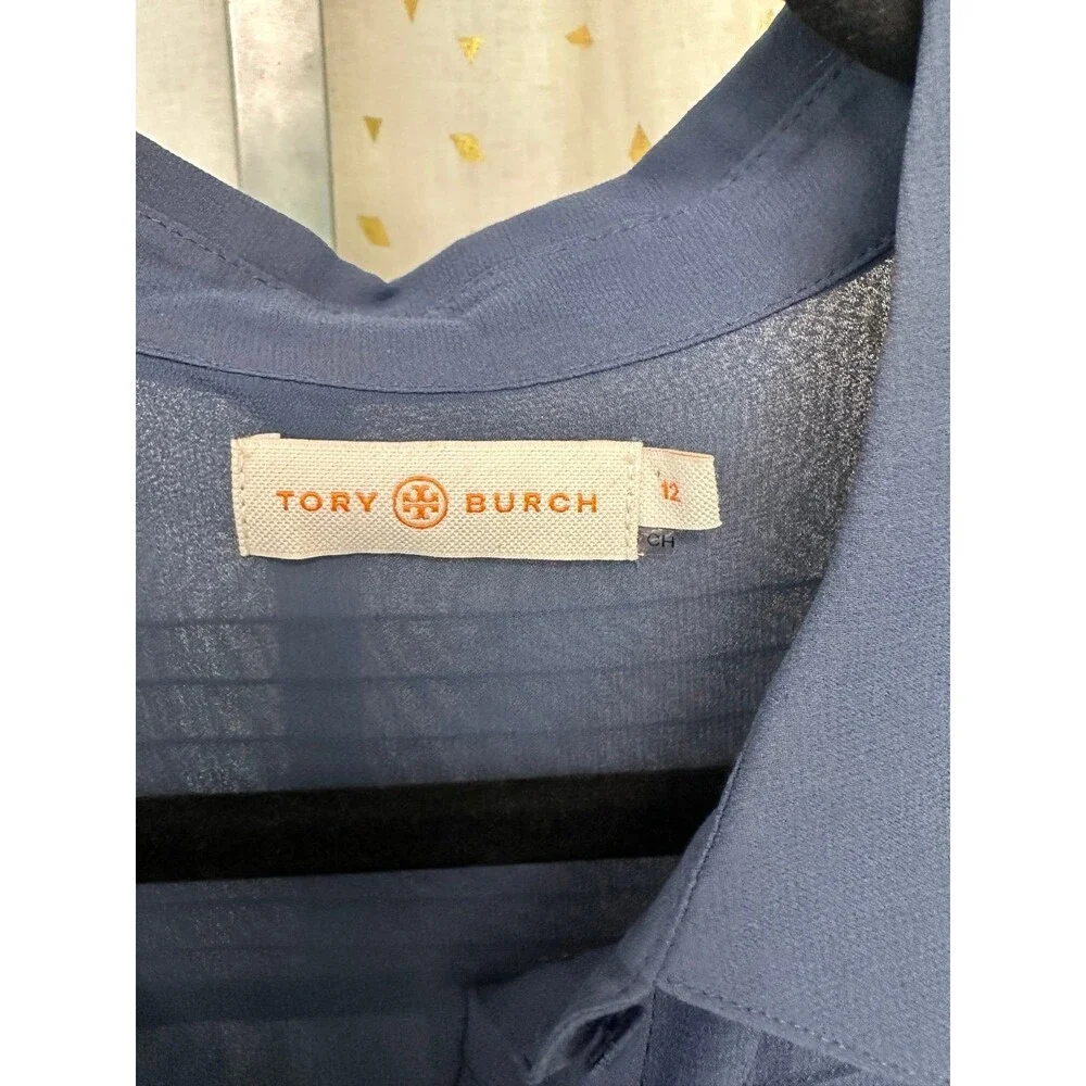 Tory Burch 100% Silk Slate Blue Pintuck Pleats Button Down Blouse 12